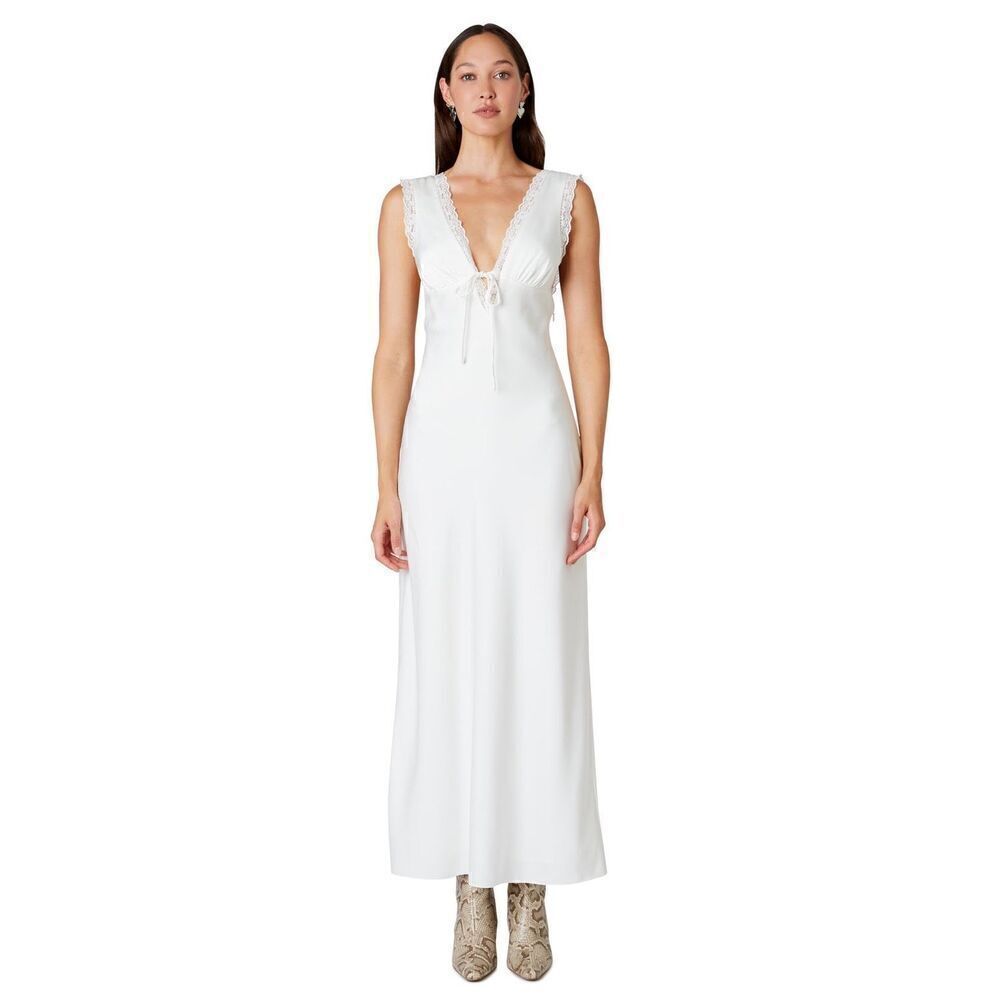 NIA AURELIE Maxi Satin Dress featuring lace detailing WHITE size S - Picture 2 of 7